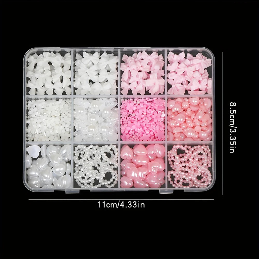 500PCS 3D Nail Art Decoration Kit with Resin Bows, Flat Back Pearls, and Assorted Shapes – Unscented DIY Craft Embellishments